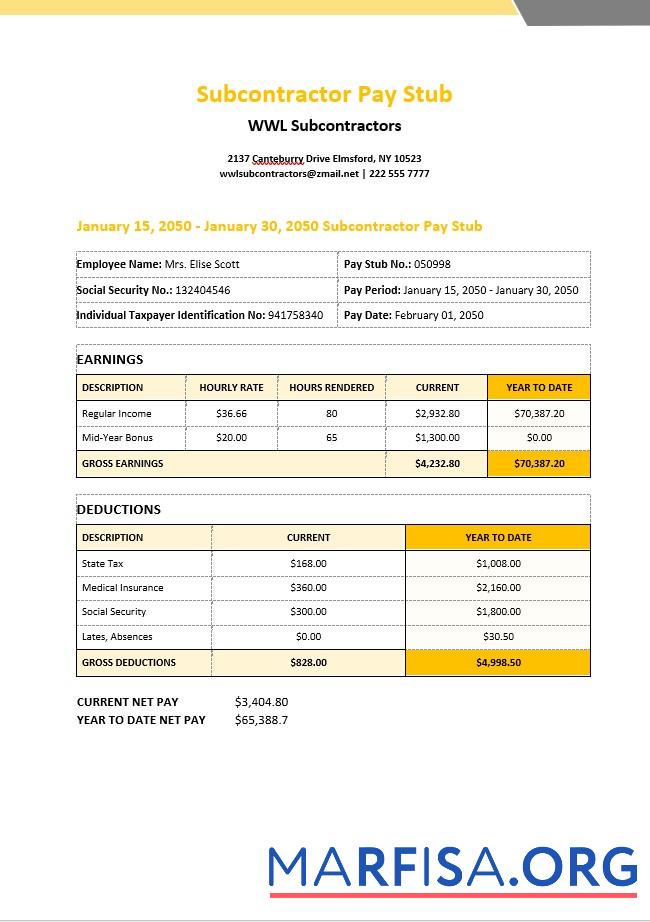 Blank WWL Subcontractors pay stubs download for verification
